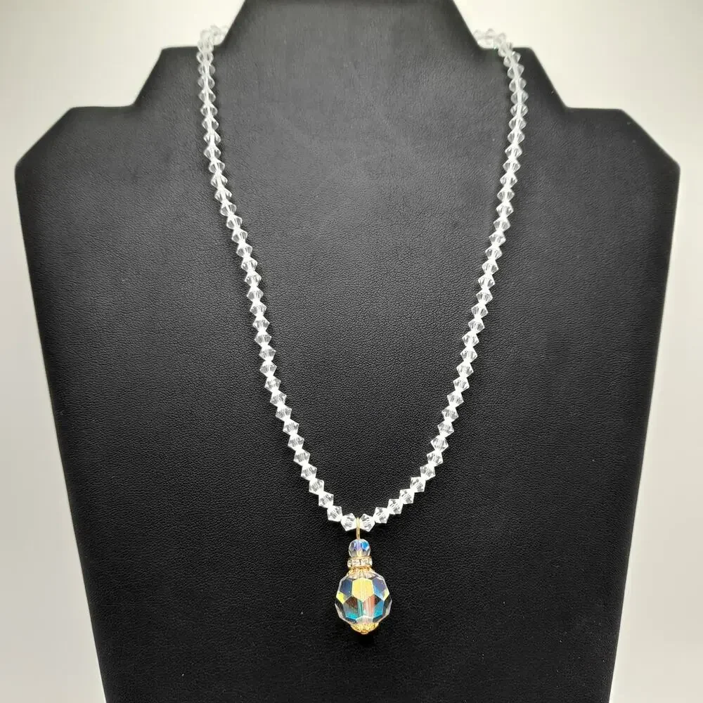Vintage 1960s Crystal Faceted Pendant Necklace, AB Rhinestone Box Clasp, 17 Inch